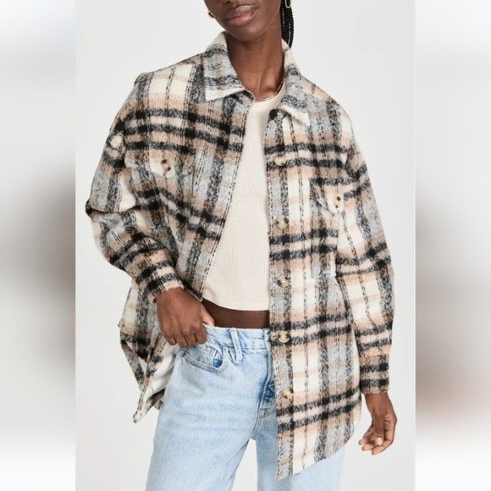 Good American Oversized Plaid Shacket in Neutral size 5/6- US size XXL/XXXL - Picture 5 of 16